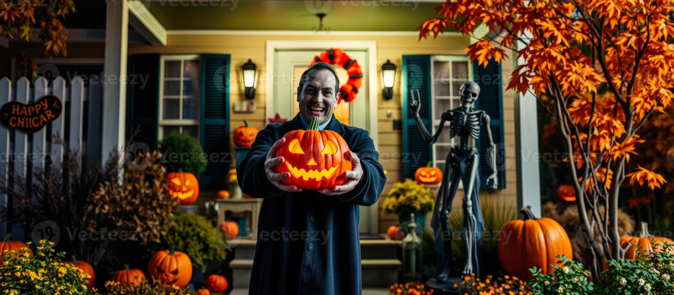 man smiling with jack-o-lantern front fall-decorated house photo