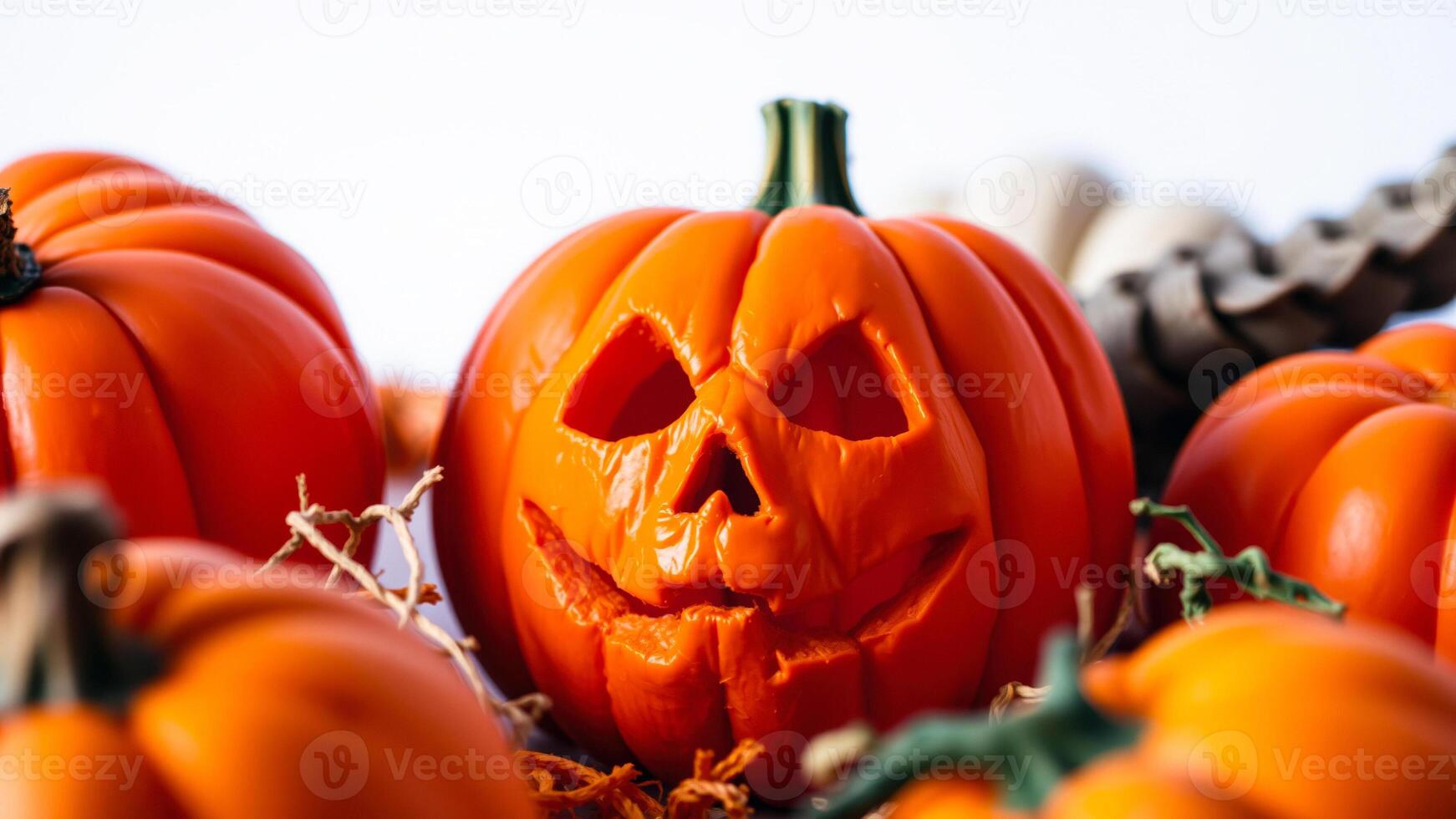 carved pumpkin with a spooky grin sits among other pumpkins photo