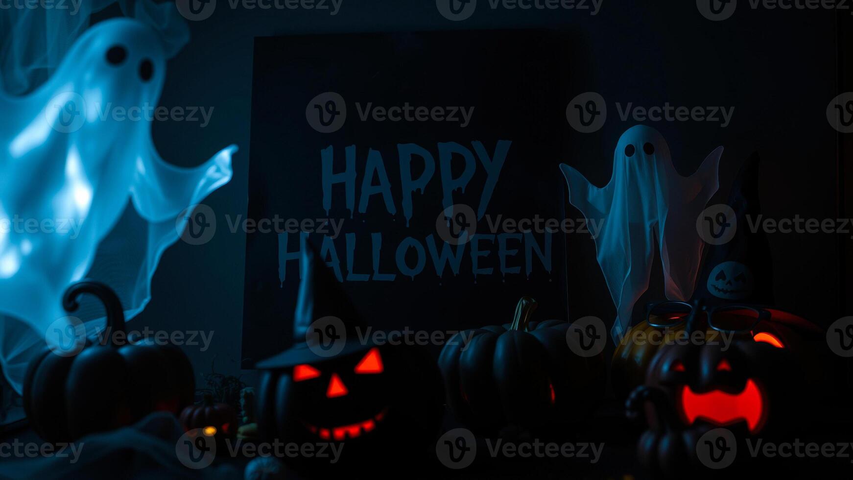 spooky arrangement glowing pumpkins ghostly figures welcomes halloween. photo