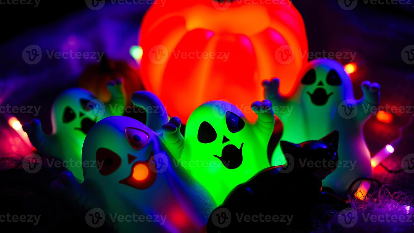 glowing plastic ghosts a black cat figurine create a spooky halloween scene photo