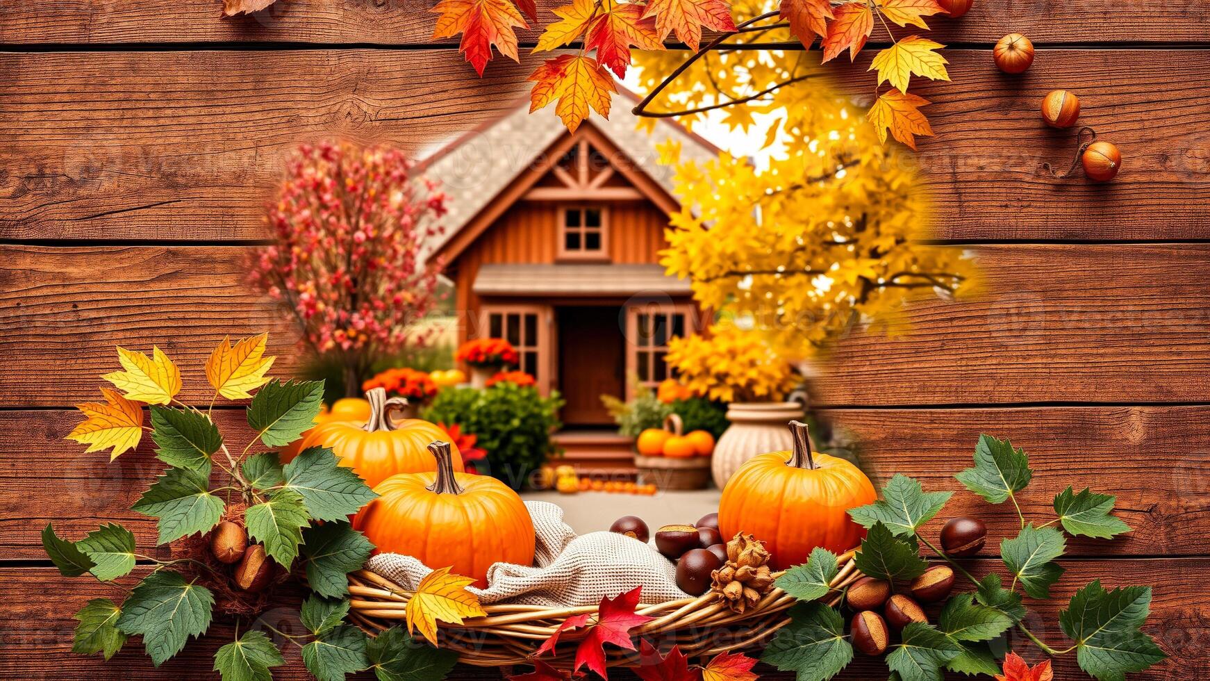 rustic fall still life with pumpkins leaves photo