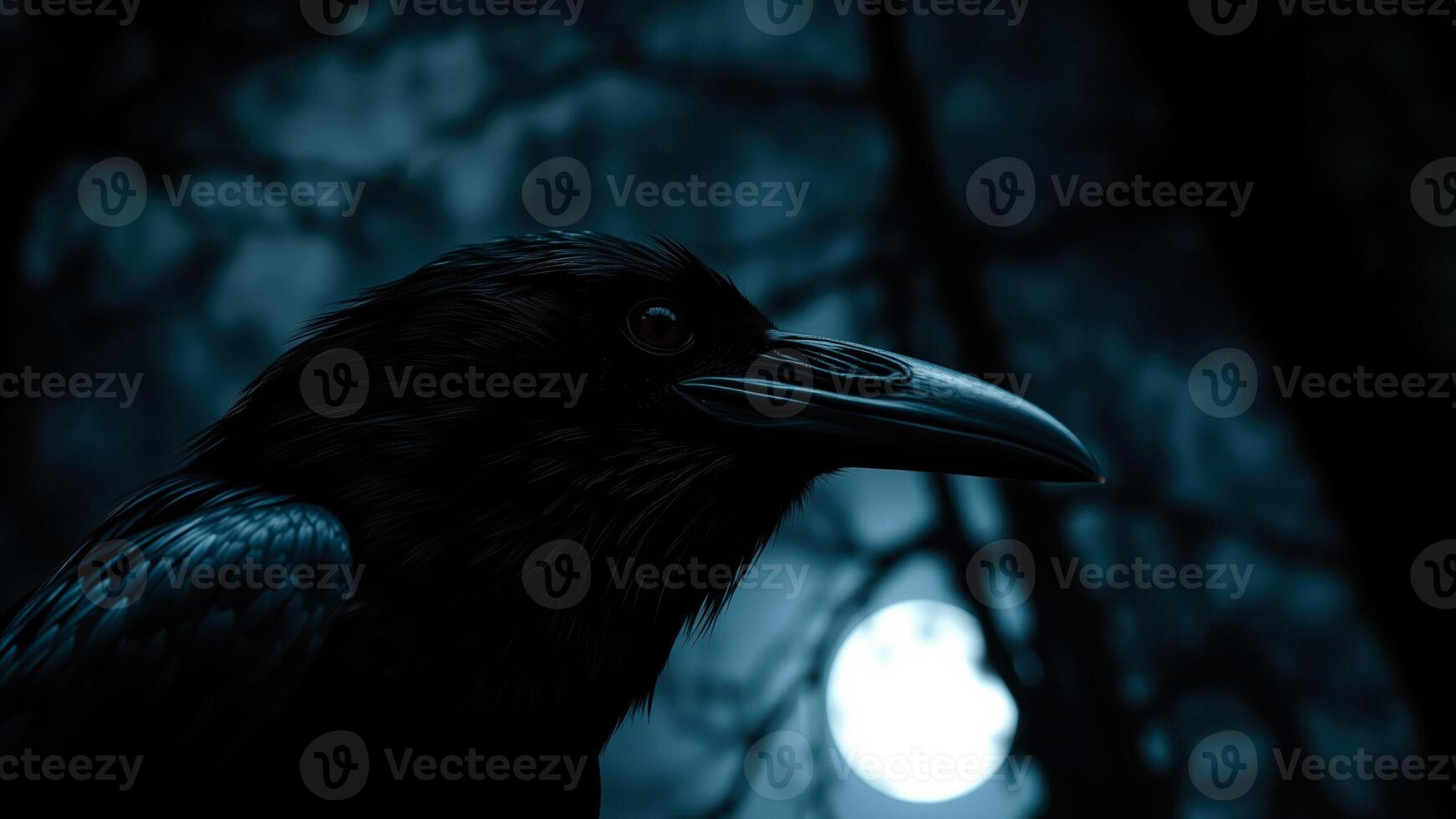 black raven with an intense gaze under a blurry moon photo