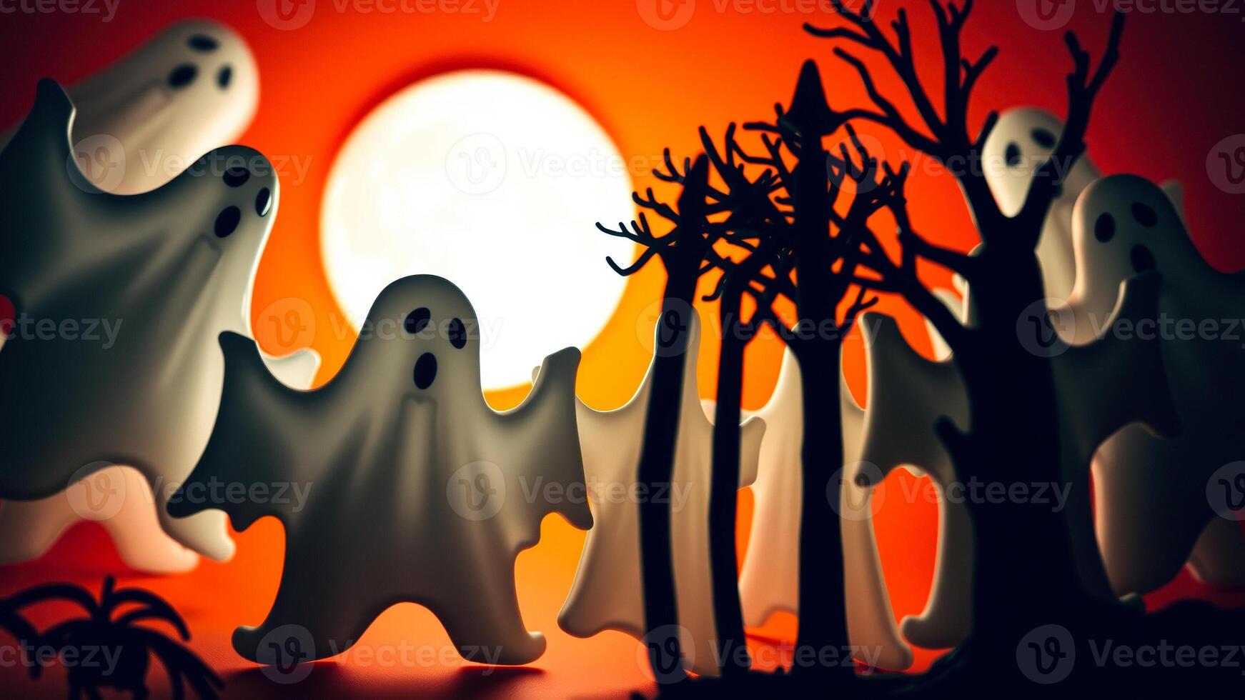 white ghosts stand a spooky forest photo