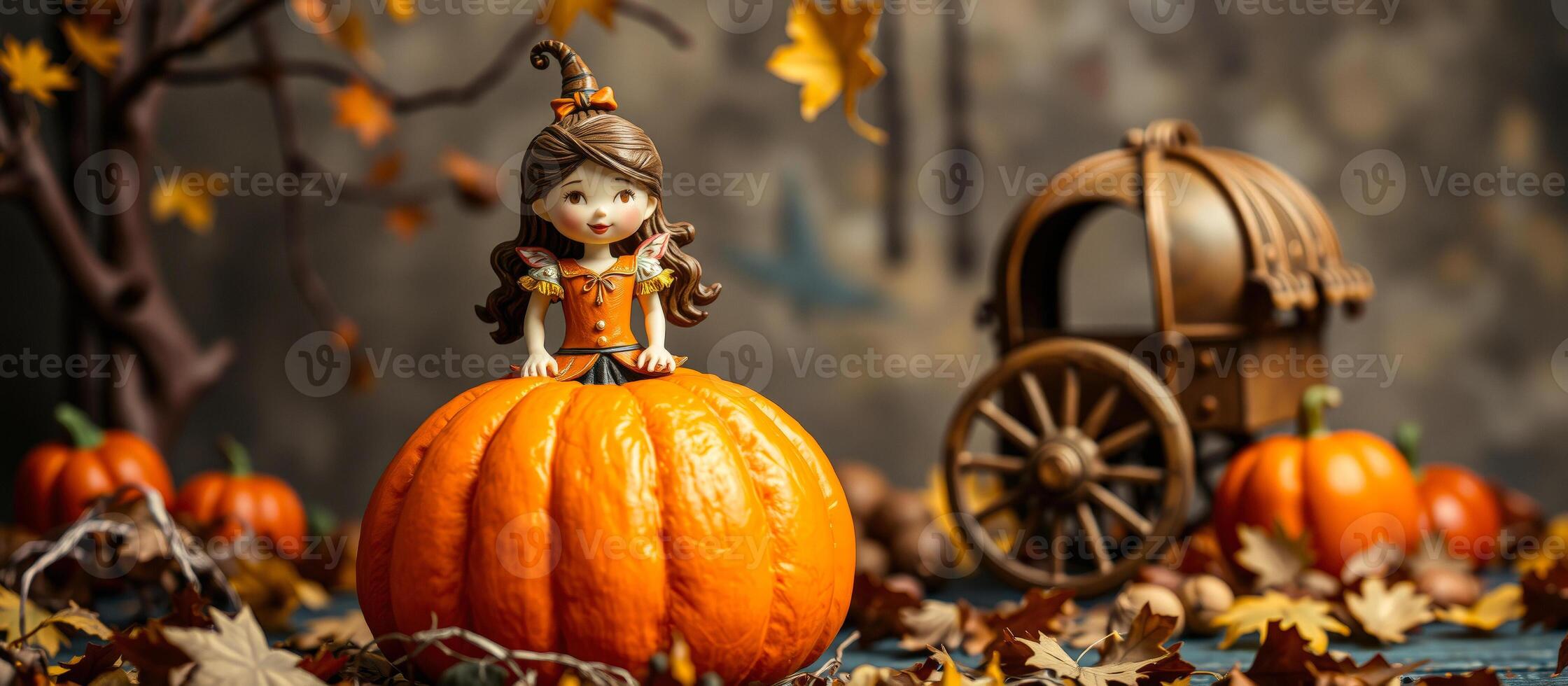 whimsical figurine a girl sitting atop a pumpkin surrounded by autumn leaves photo