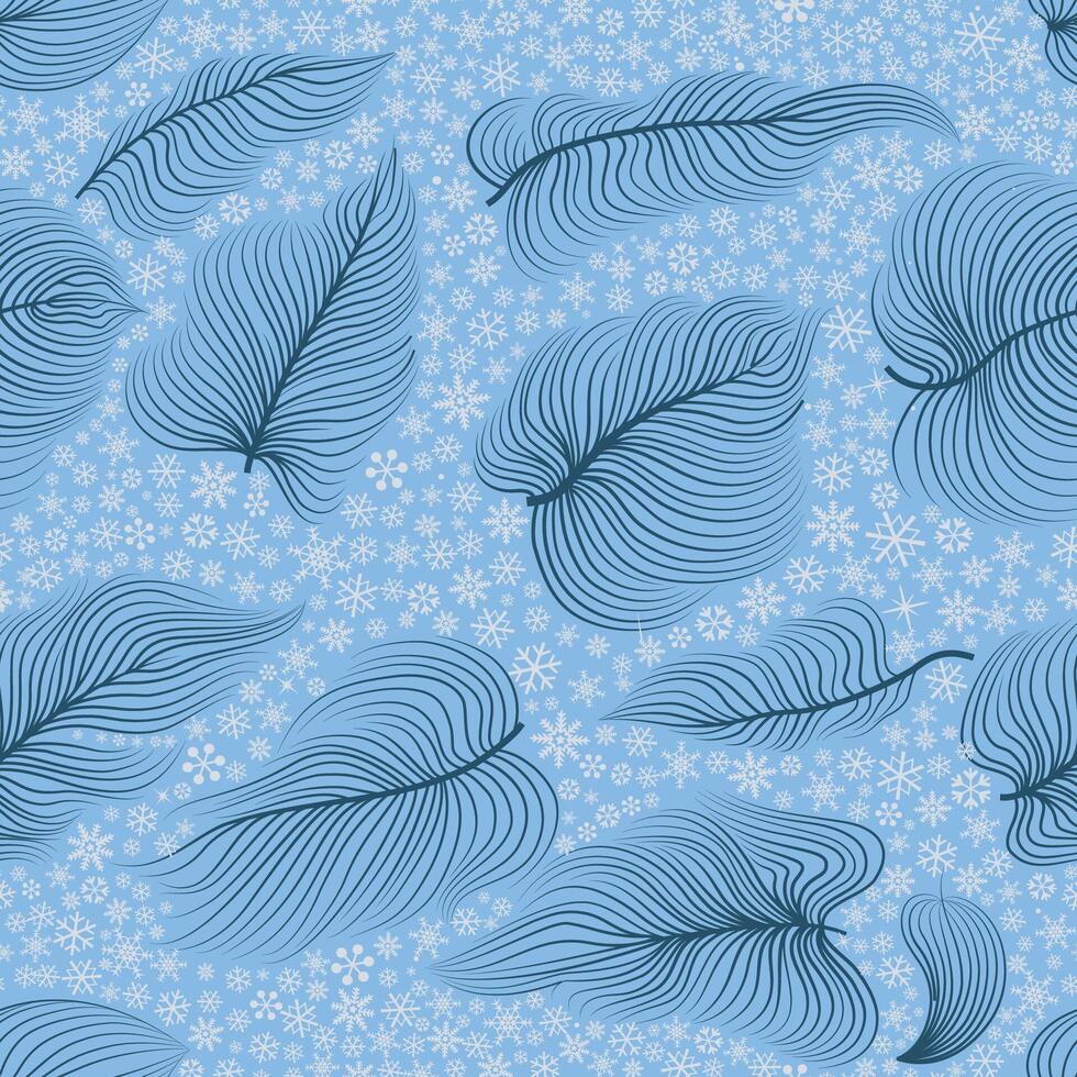 Snow winter holiday background. Nature texture with snowflakes and line drawn leaves. Retro Merry Christmas snowfall greeting design over blue sky background. vector