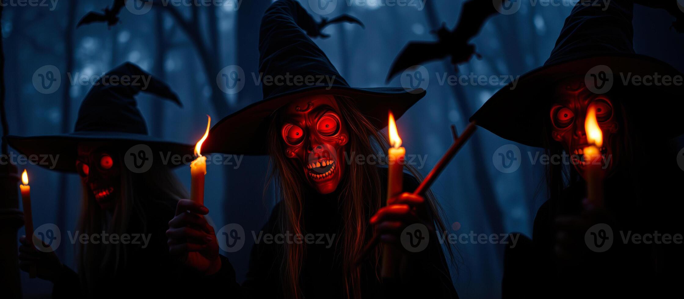 three figures stand a dark forest lit by flickering candlelight photo