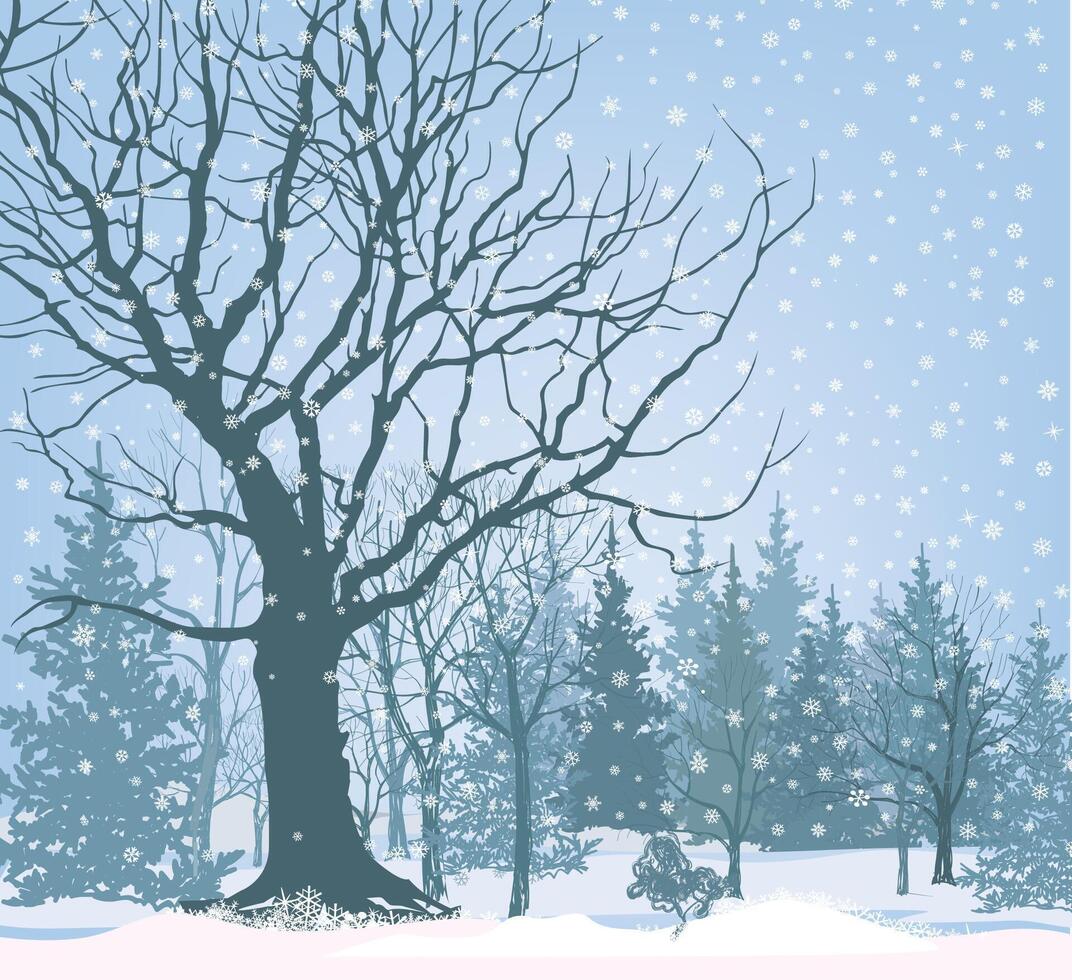 Christmas background. Snow winter landscape. Retro Merry Christmas snowy skyline. Winter nature holiday snowfall view. vector