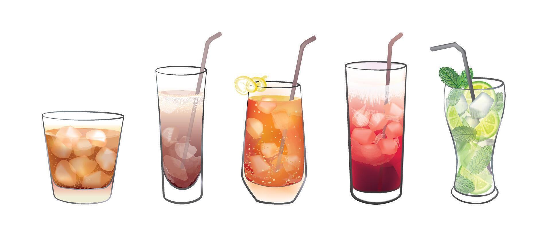 Cocktail set. Highball cocktail glasses with beverages. Mojito drinks, whiskey and soda, sidecar vector