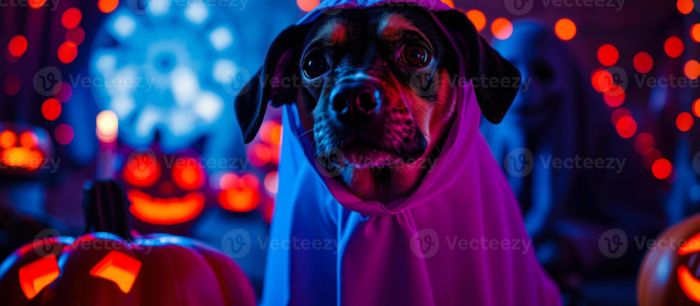 dog dressed a purple costume smiles the camera on a festive halloween night photo