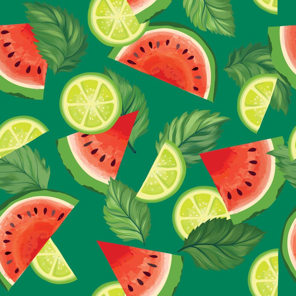 Fruits summer seamless pattern. Fresh watermelon, lime, mint sliced pieces. Food background with fruits. vector
