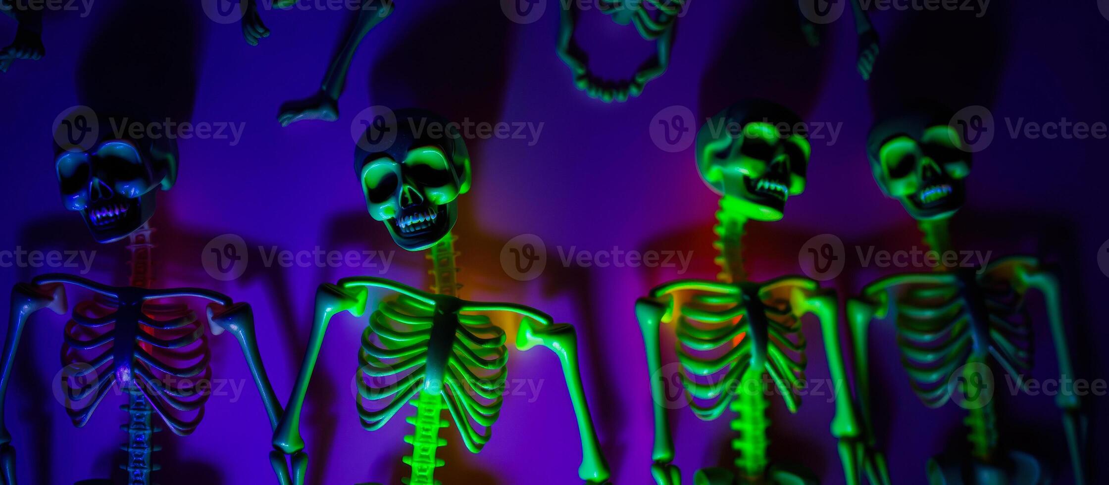 green blue illuminated skeletons on a purple background photo