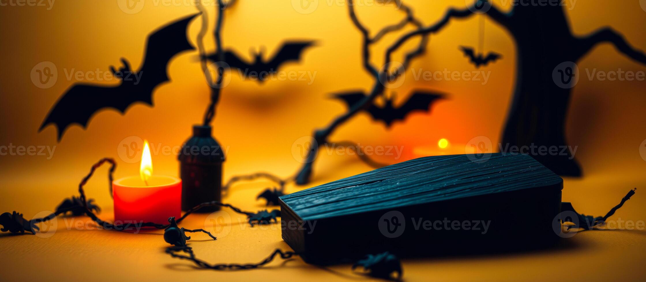 wooden coffin rests on a yellow surface decorated with black bats photo