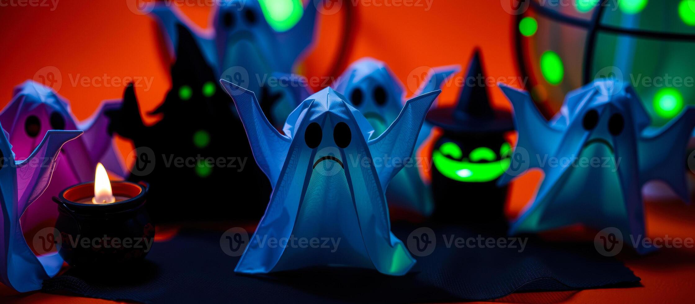 paper ghosts gather around a lighted cauldron photo