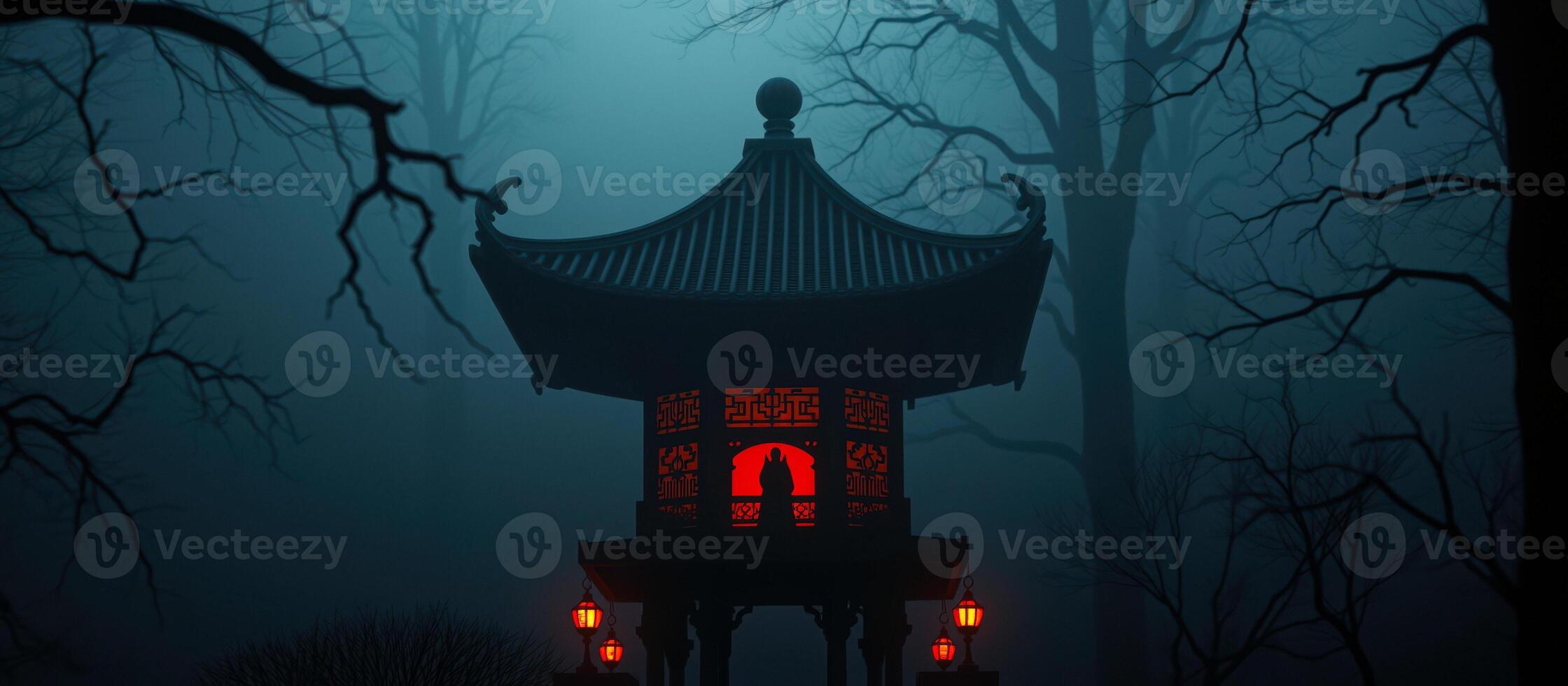 mystical lantern structure a misty forest photo
