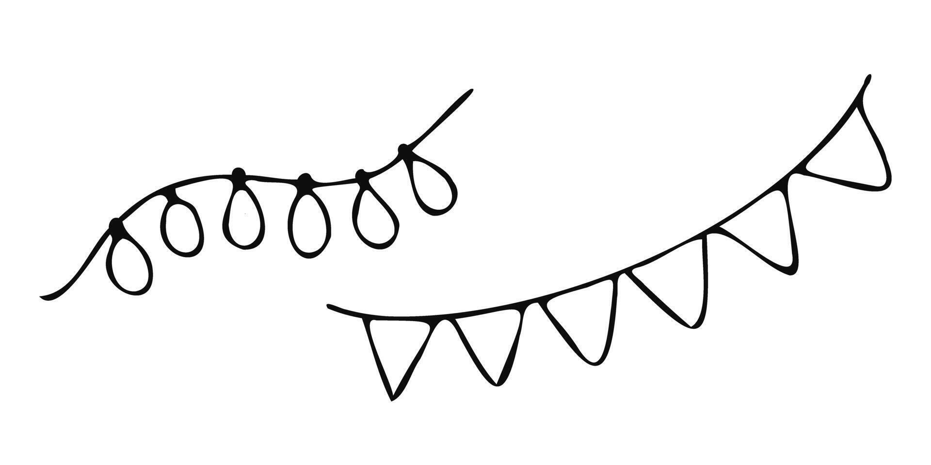 A festive illustration of black and white string lights in a hand-drawn style, perfect for Christmas and holiday-themed designs, decorations, greeting cards, and seasonal craft projects. vector