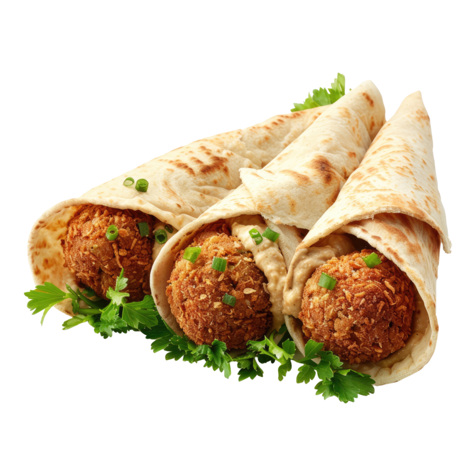 Crispy Falafel balls wrapped in pita bread Isolated in transparent background. png