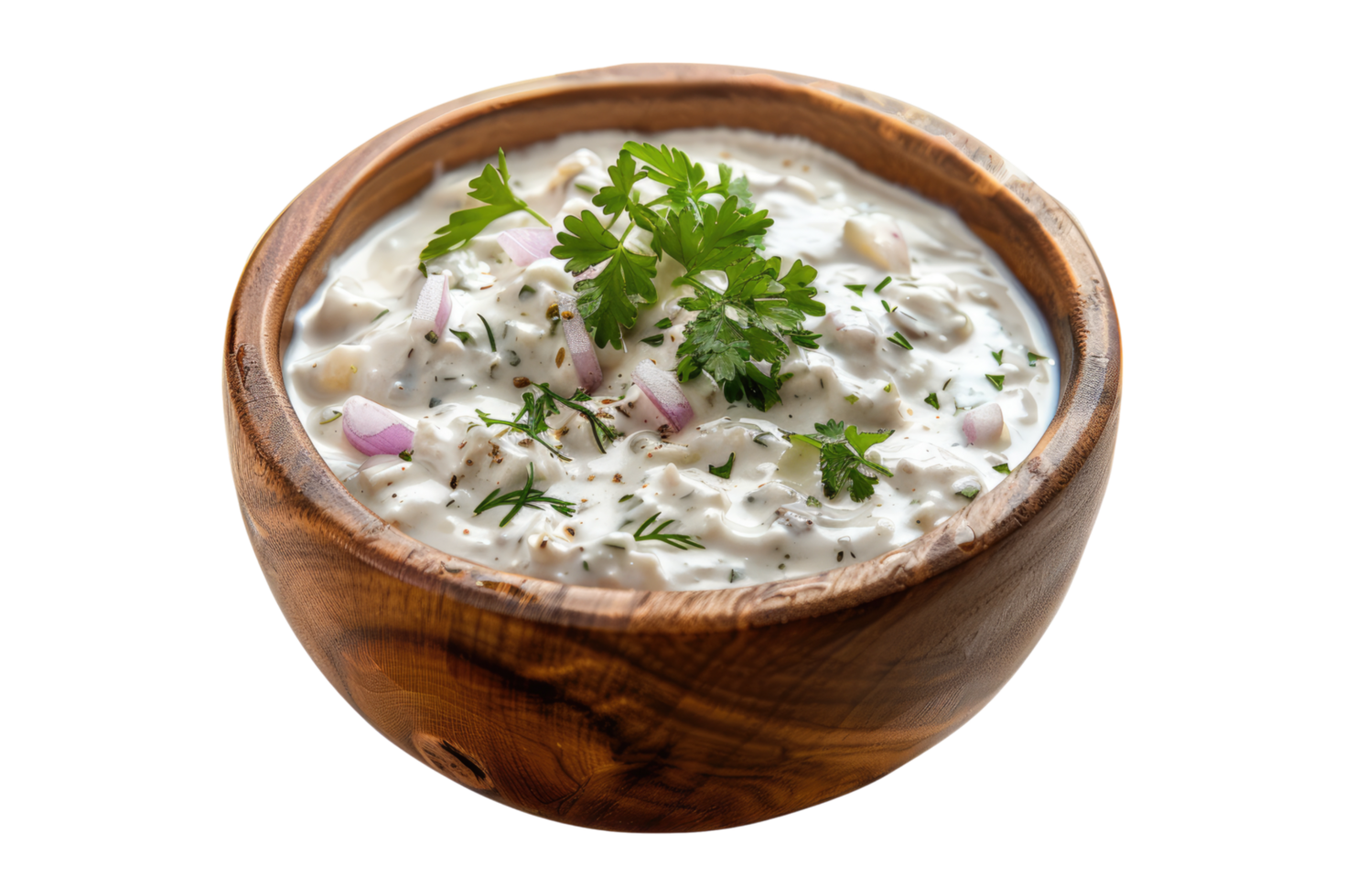 A bowl of white sauce with parsley on top png