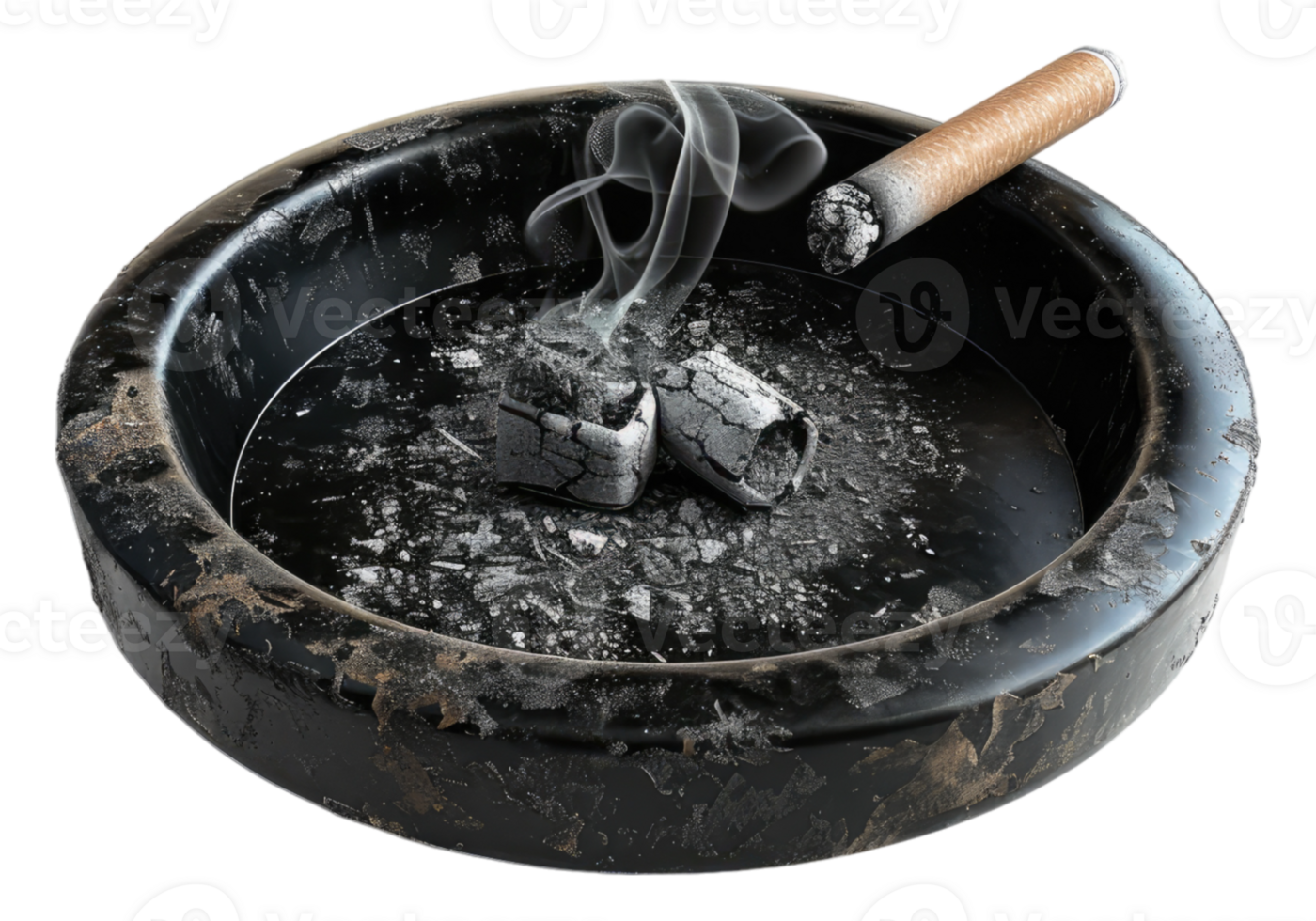 A cigarette in a black ashtray with smoke coming out png