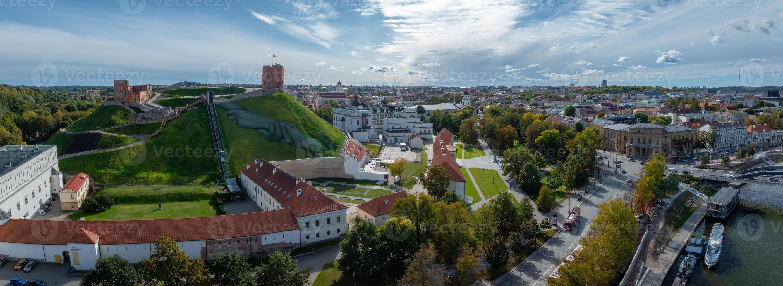 Aerial View of Vilnius Featuring Gediminas' Tower and Neris River photo