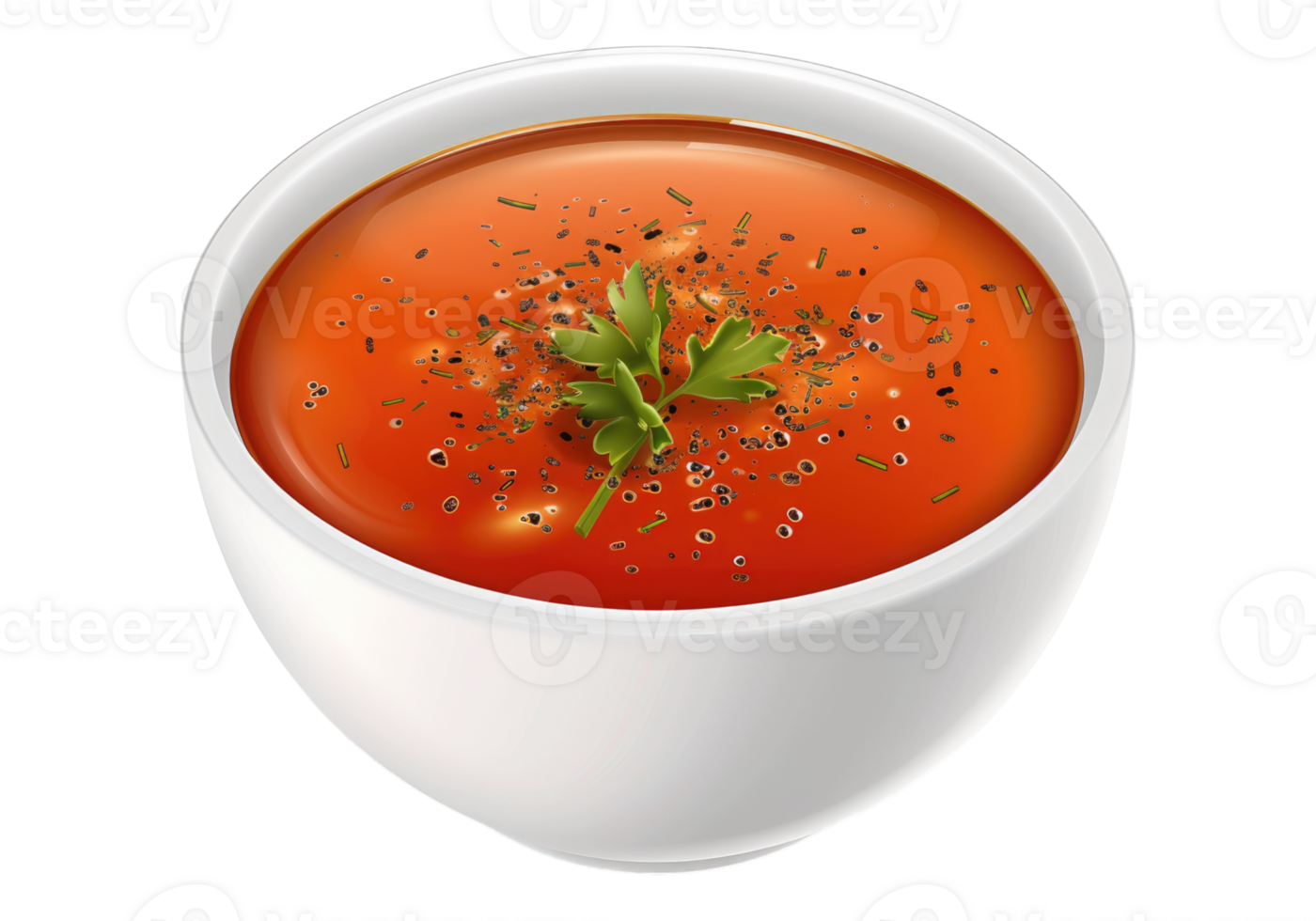 A bowl of tomato soup with herbs and spices png