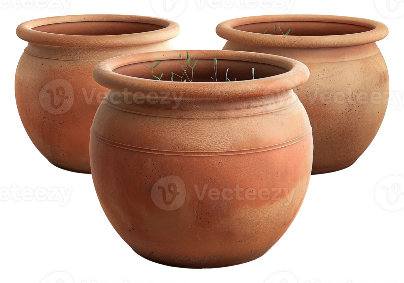 Three clay pots with grass growing in them png