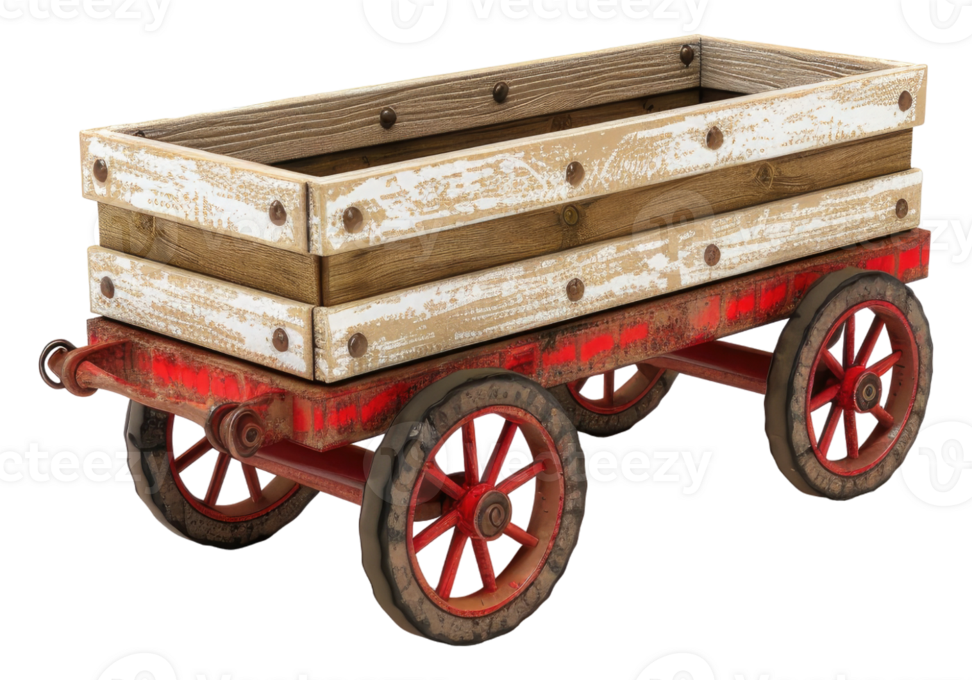 A wooden wagon with red wheels and wooden wheels png