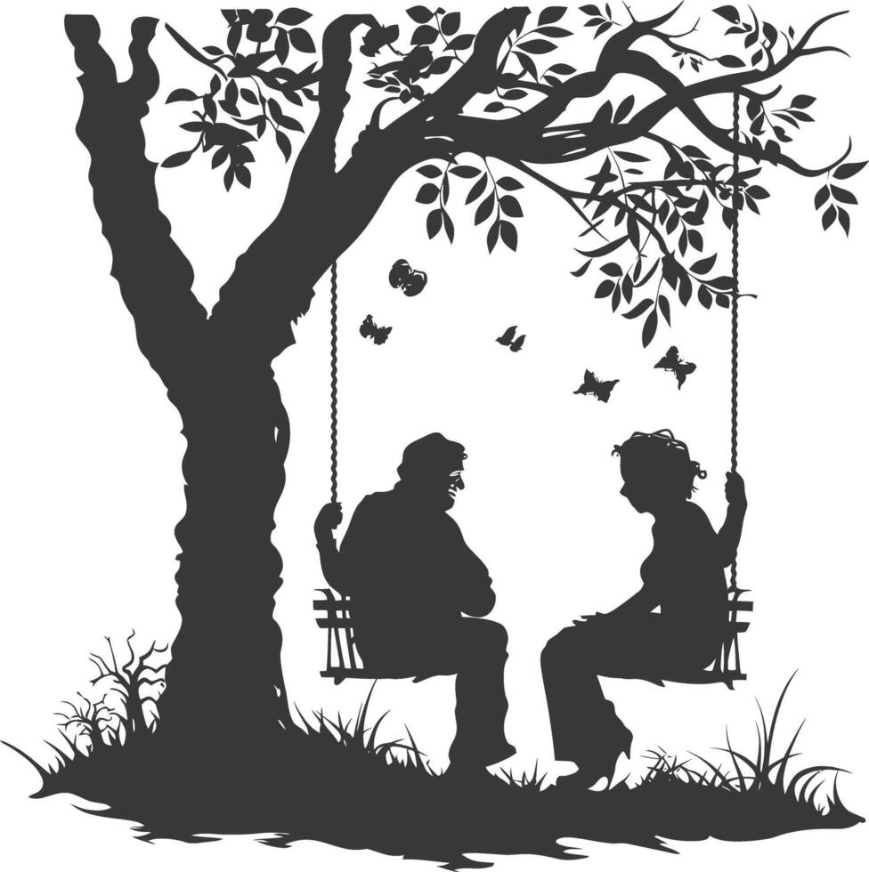 Silhouette of Two People Sitting on a Swing Under a Tree vector