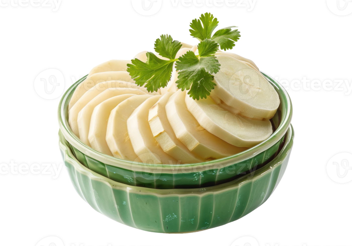 A bowl of sliced potatoes with parsley on top png