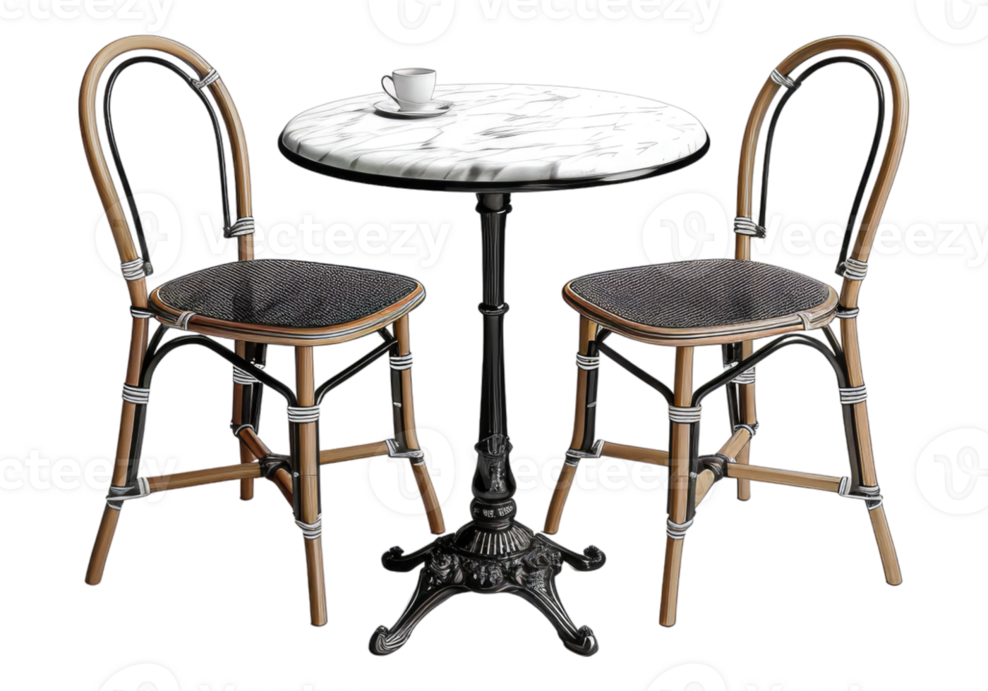 A black and white image of two chairs and a table png