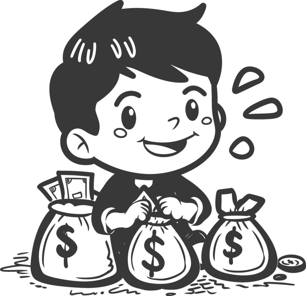 A Cartoon Boy Surrounded by Money Bags vector