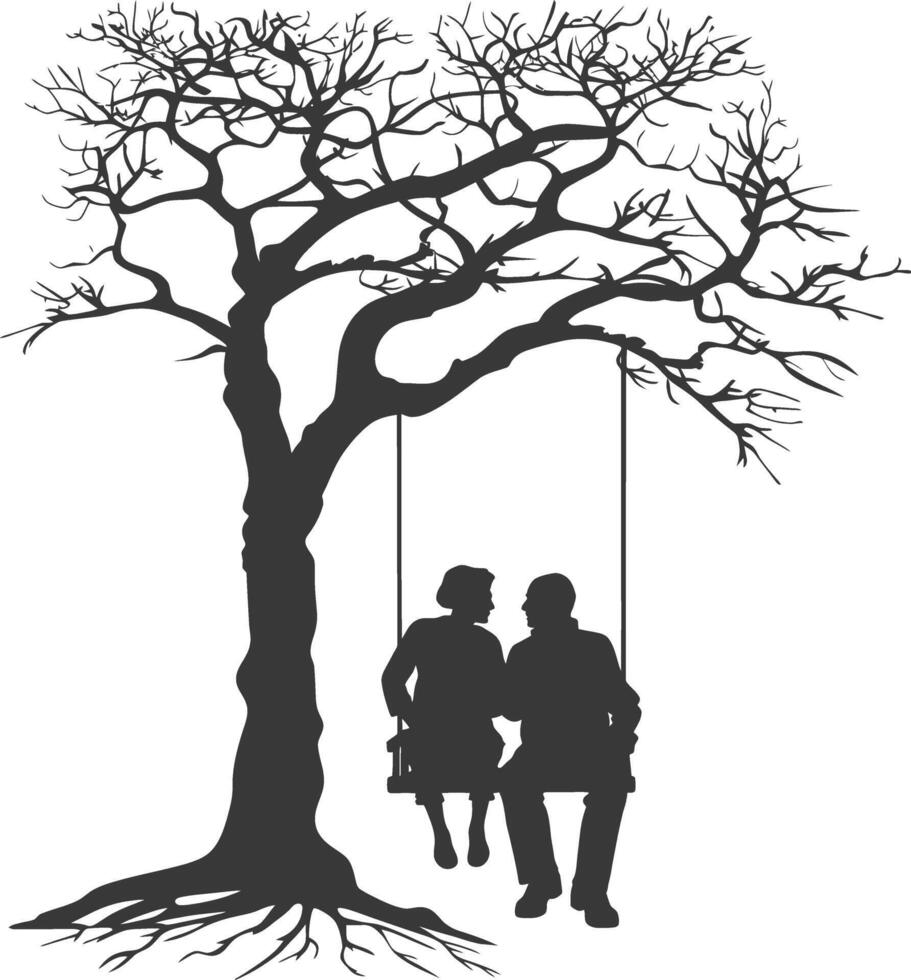 Silhouettes of a Couple Sitting on a Swing Hanging from a Bare Tree vector