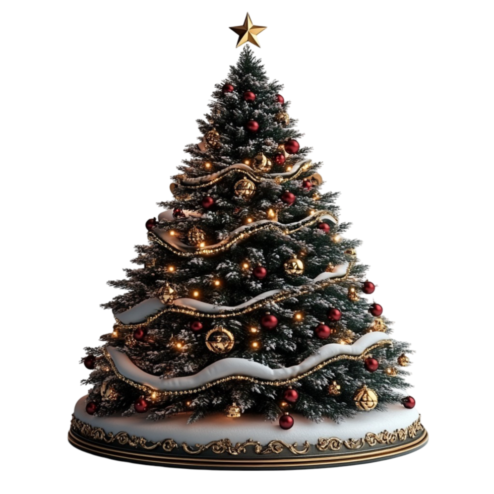 3D Christmas Tree Decorated with Gold and Red Ornaments on Transparent Background png