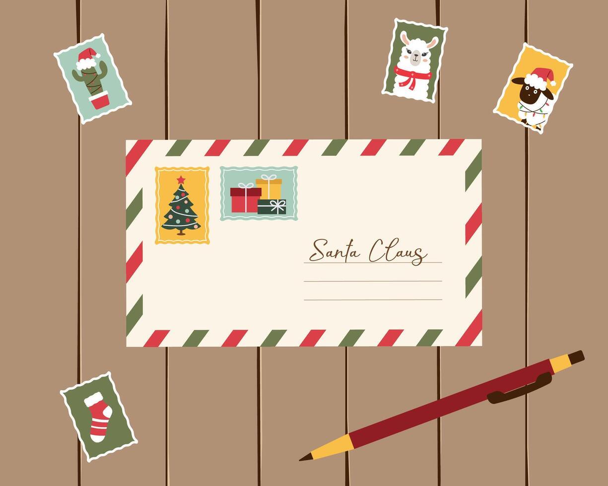 Letter to Santa Claus surrounded by festive postage stamps. illustration for Christmas themes, holiday greetings and seasonal mail designs vector