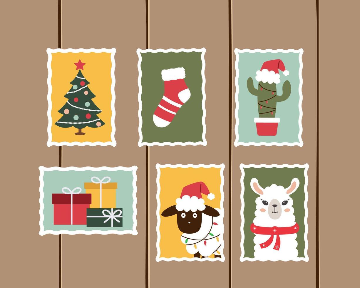 Christmas postage stamps. set for holiday themed designs, festive cards and seasonal mail decorations vector