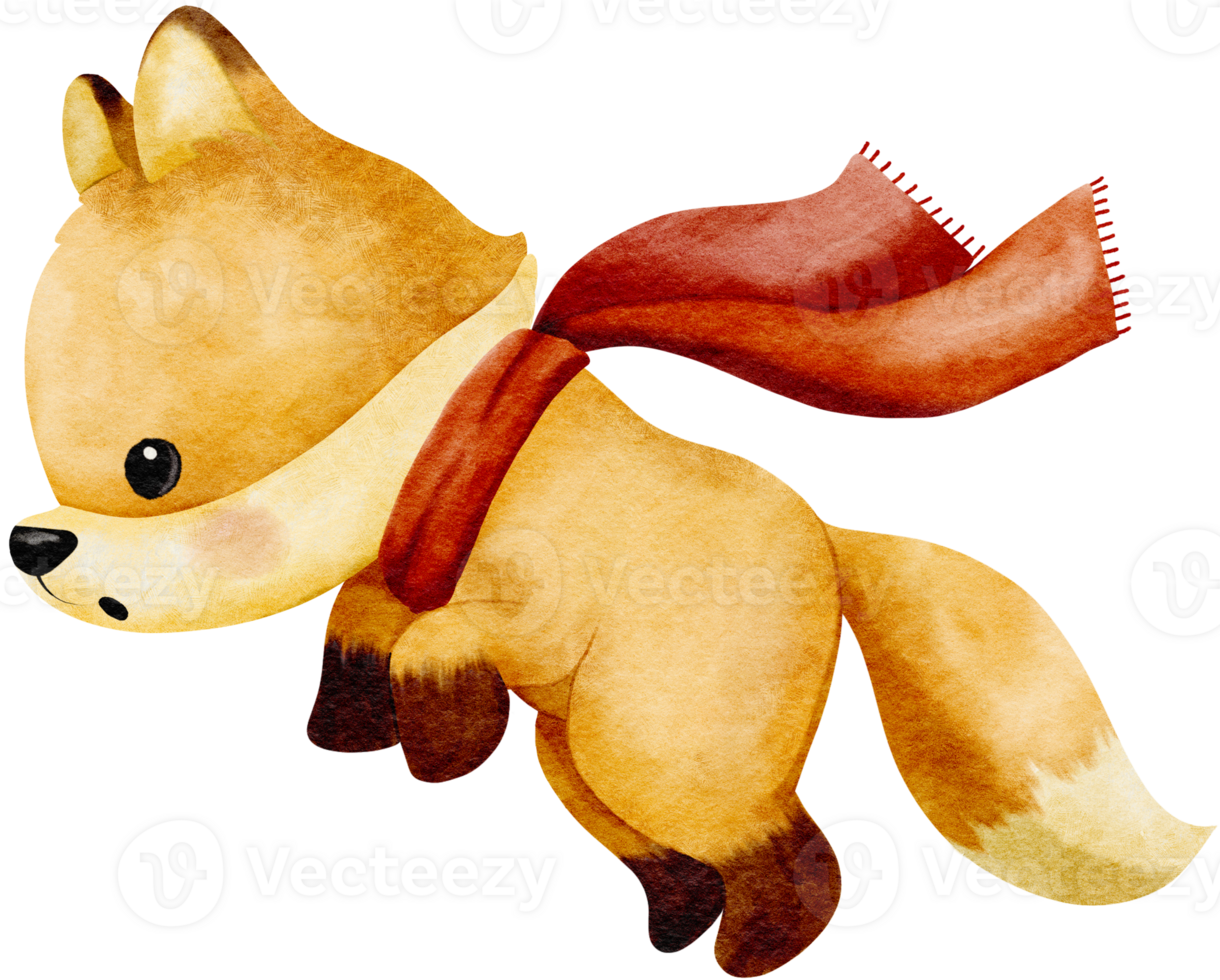 Watercolor fox jump up on air and wearing red scarf png