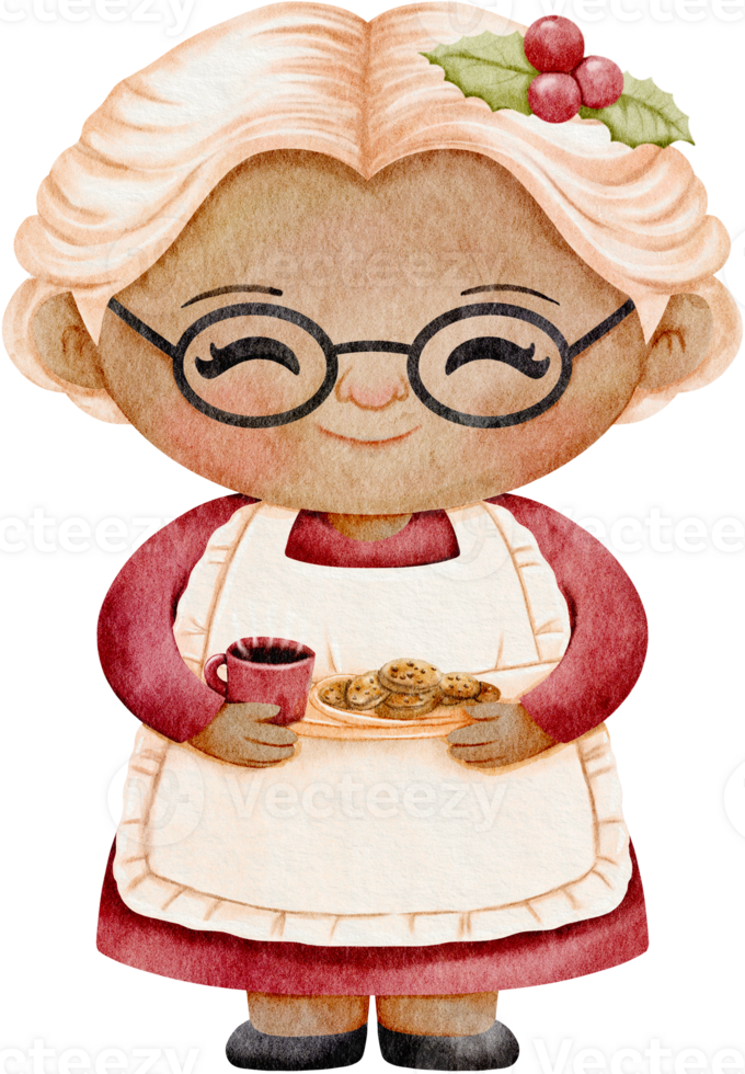 Watercolor Mrs Claus holding chocolate and cookies cartoon character png