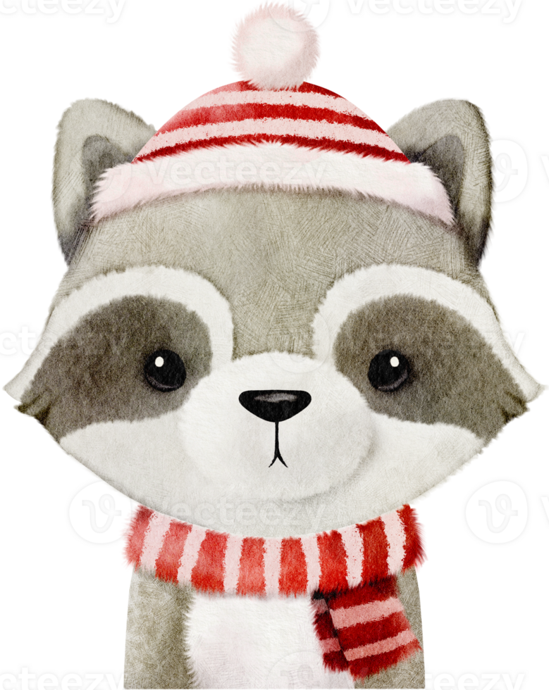 Christmas watercolor animal design with cute raccoon png