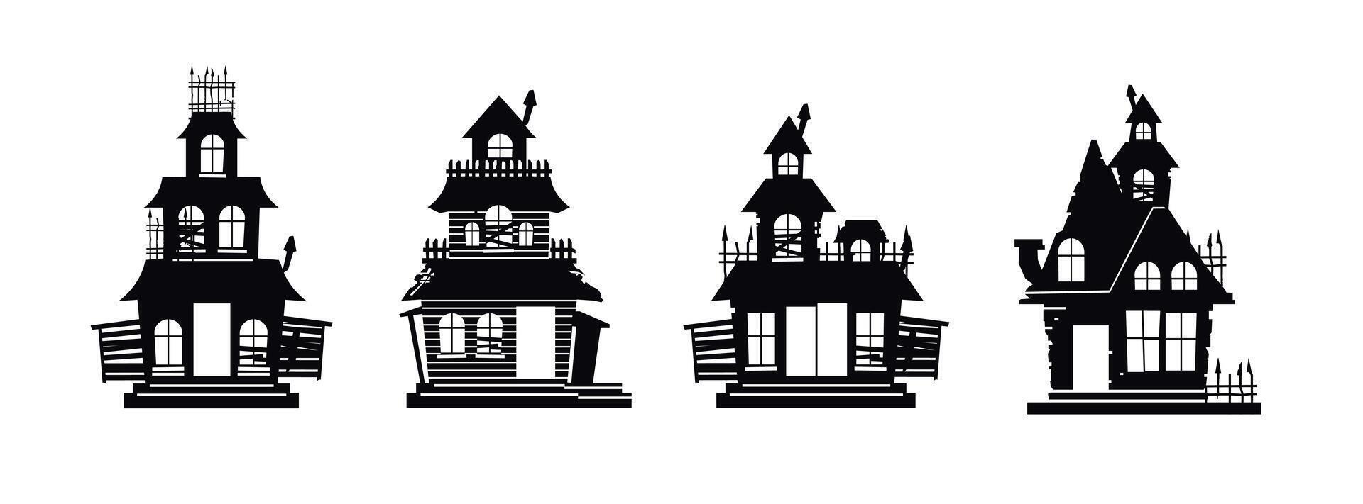 Creepy house icon set. Flat illustrations of ruined and horror building vector