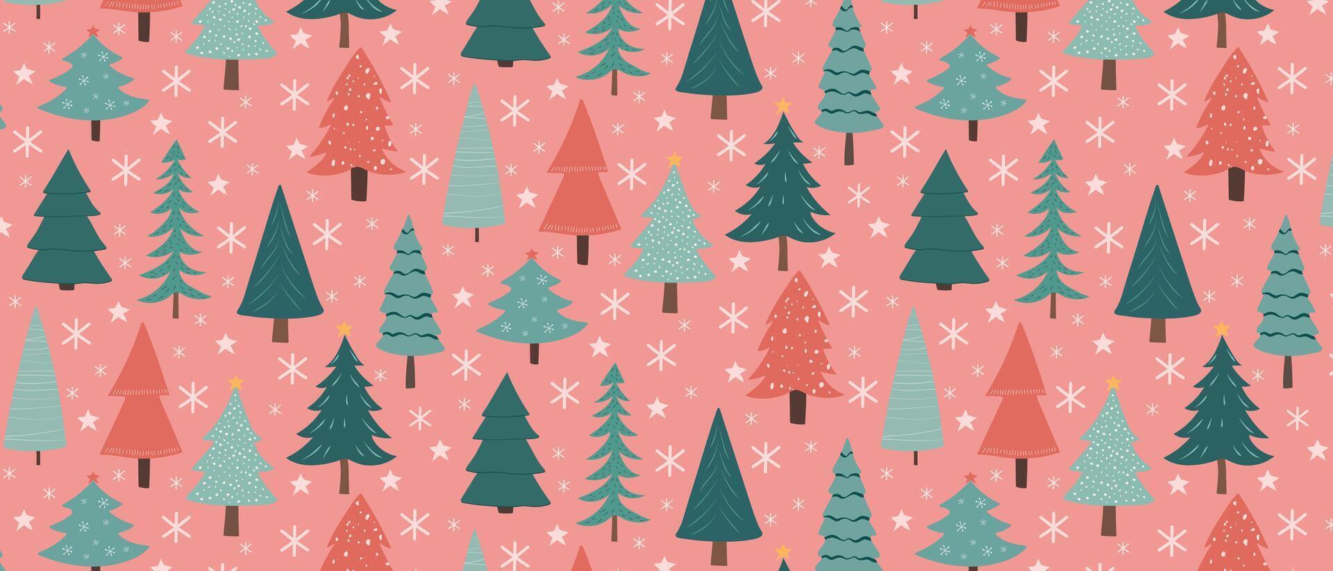 Seamless Christmas or New Year background with trees on pink. Festive design for fabric, packaging, cover. vector