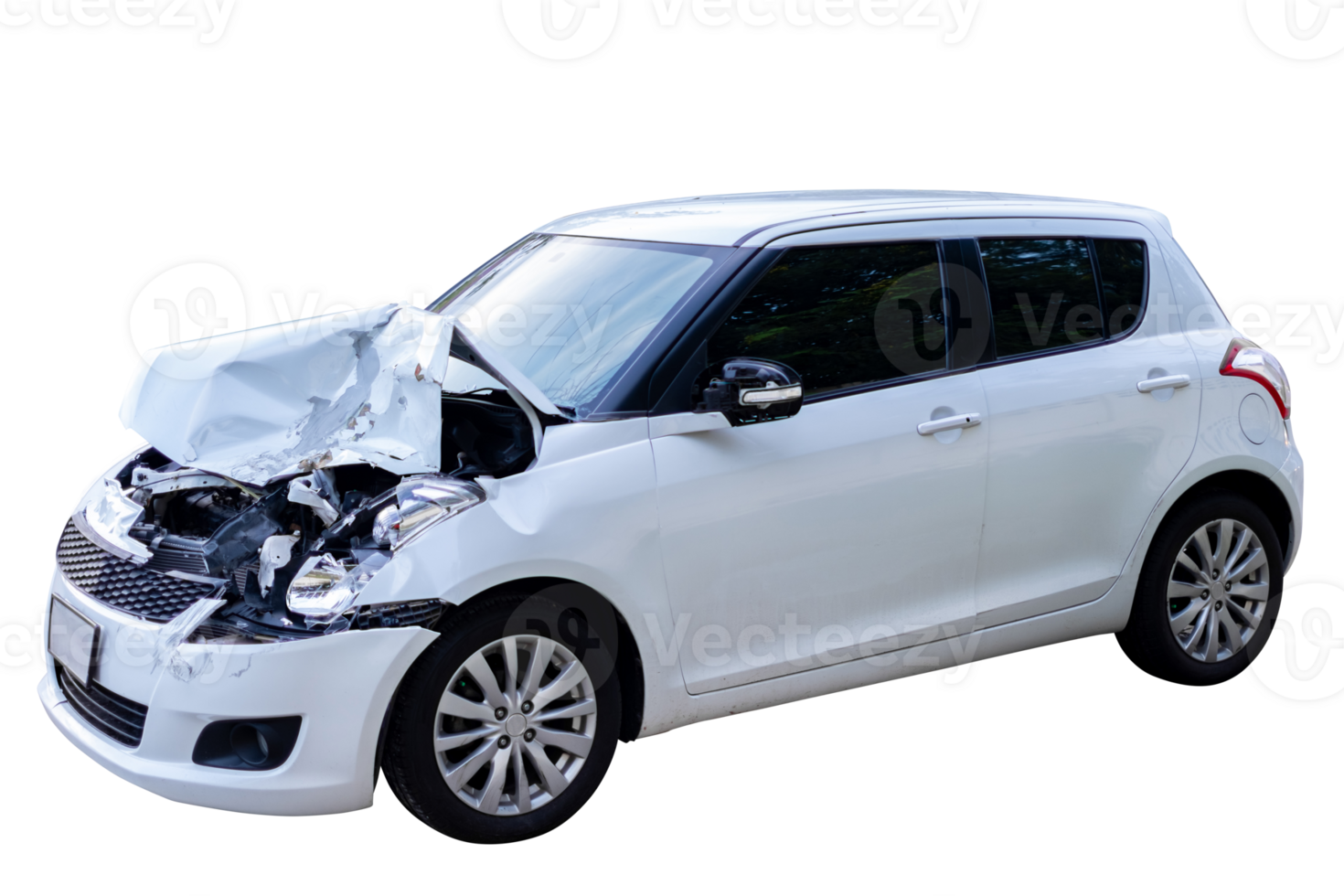 Full body front and side view of white car get damaged by accident on the road. damaged cars after collision. Isolated on transparent background, File png