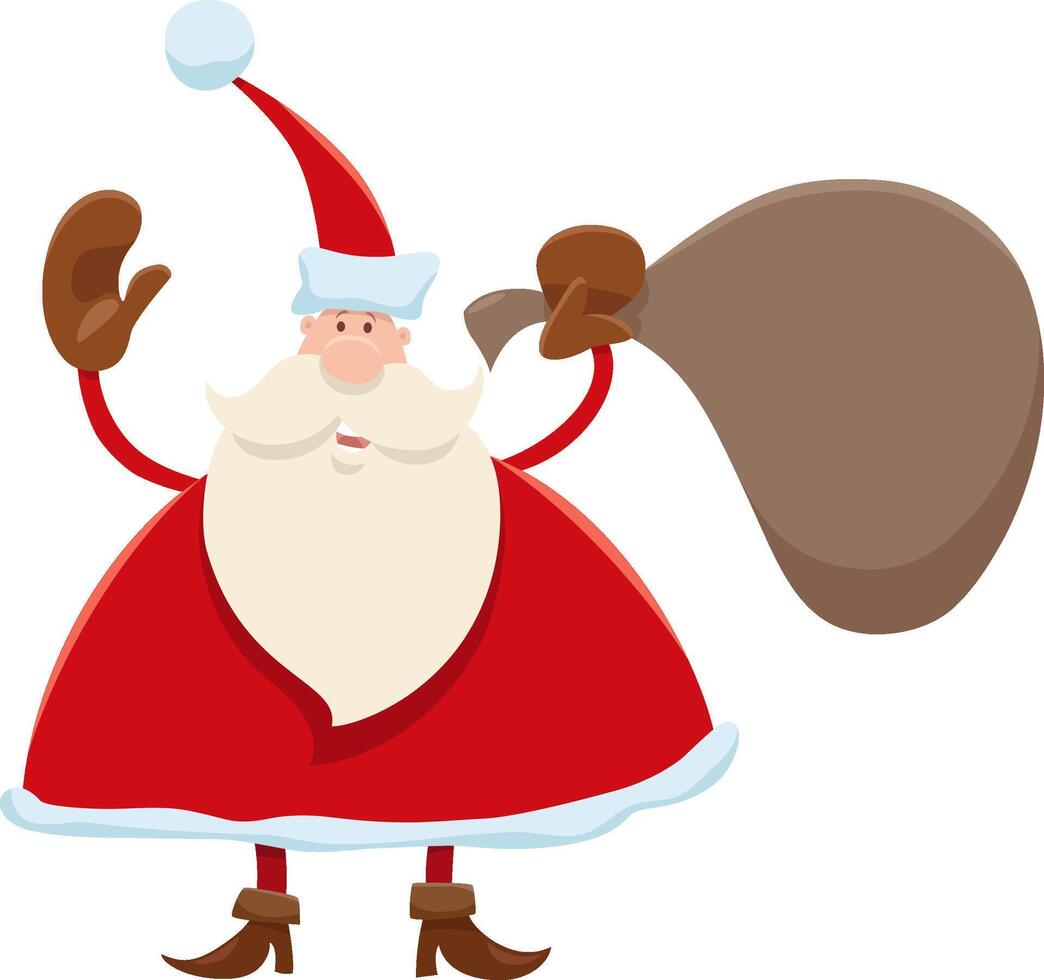 cartoon Santa Claus character on Christmas time with sack of gifts vector