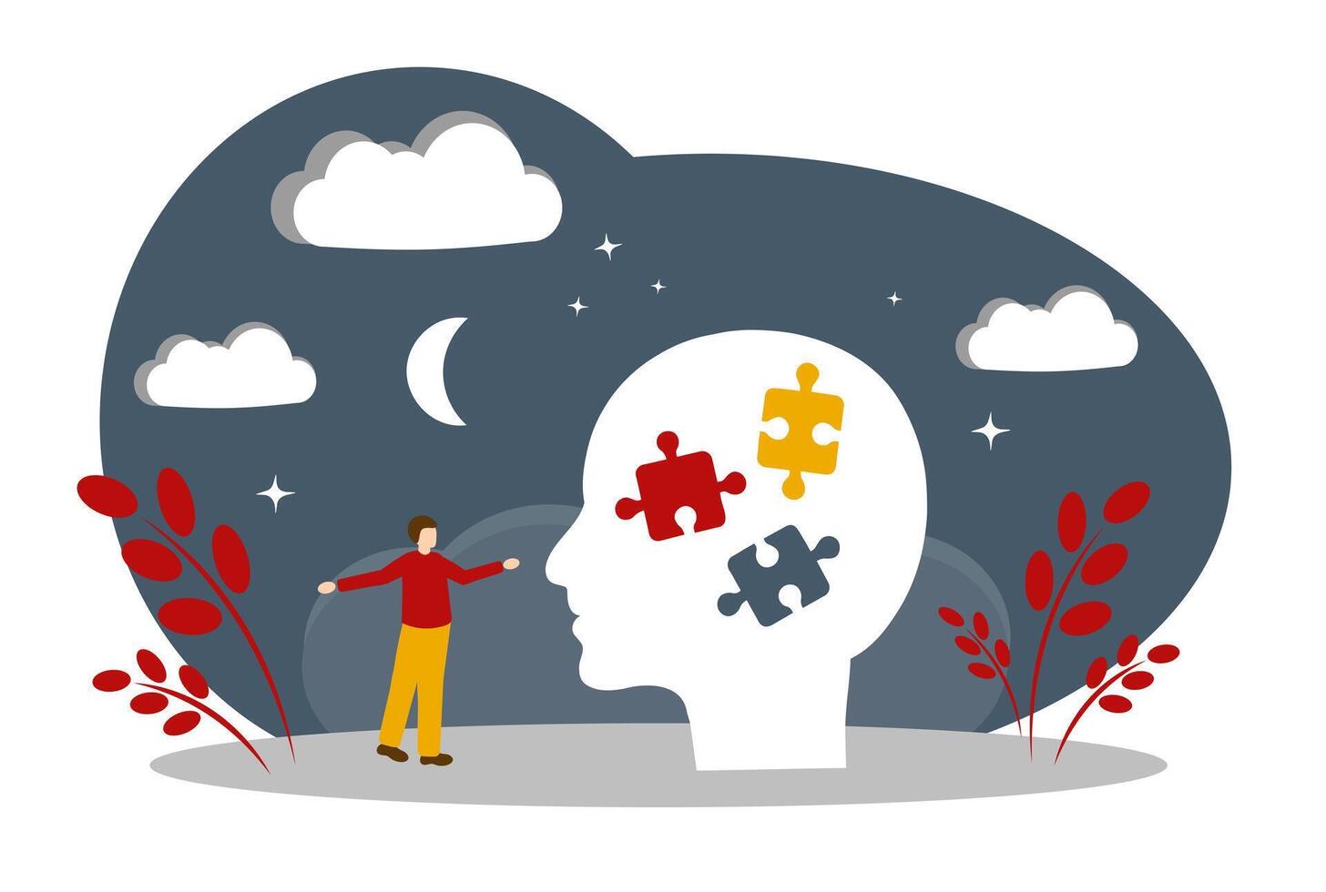 The concept of depression, panic attacks and solving complex problems. Man and puzzles. Mental health vector