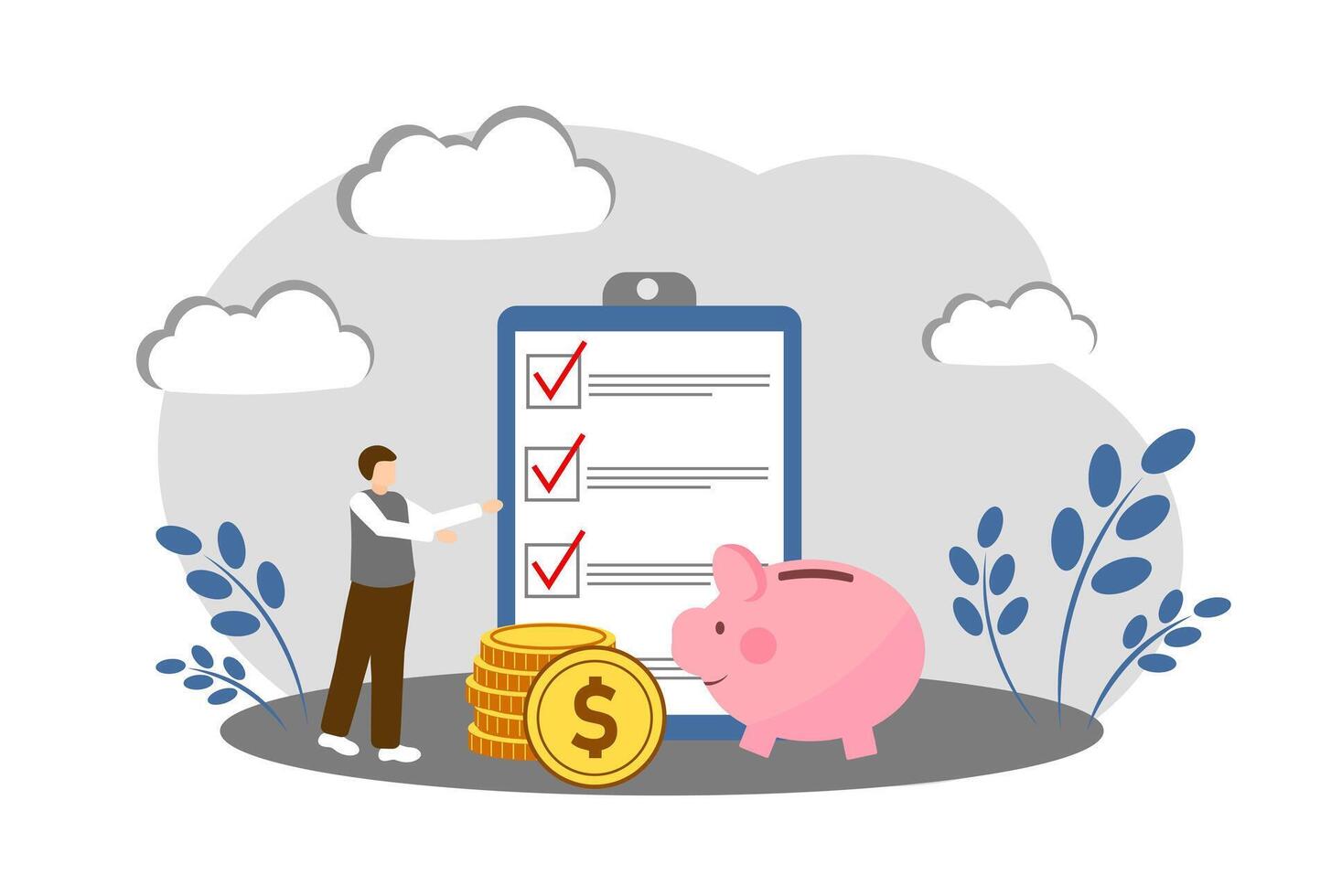 Budget, financial investment and business planning. Piggy bank and plan vector