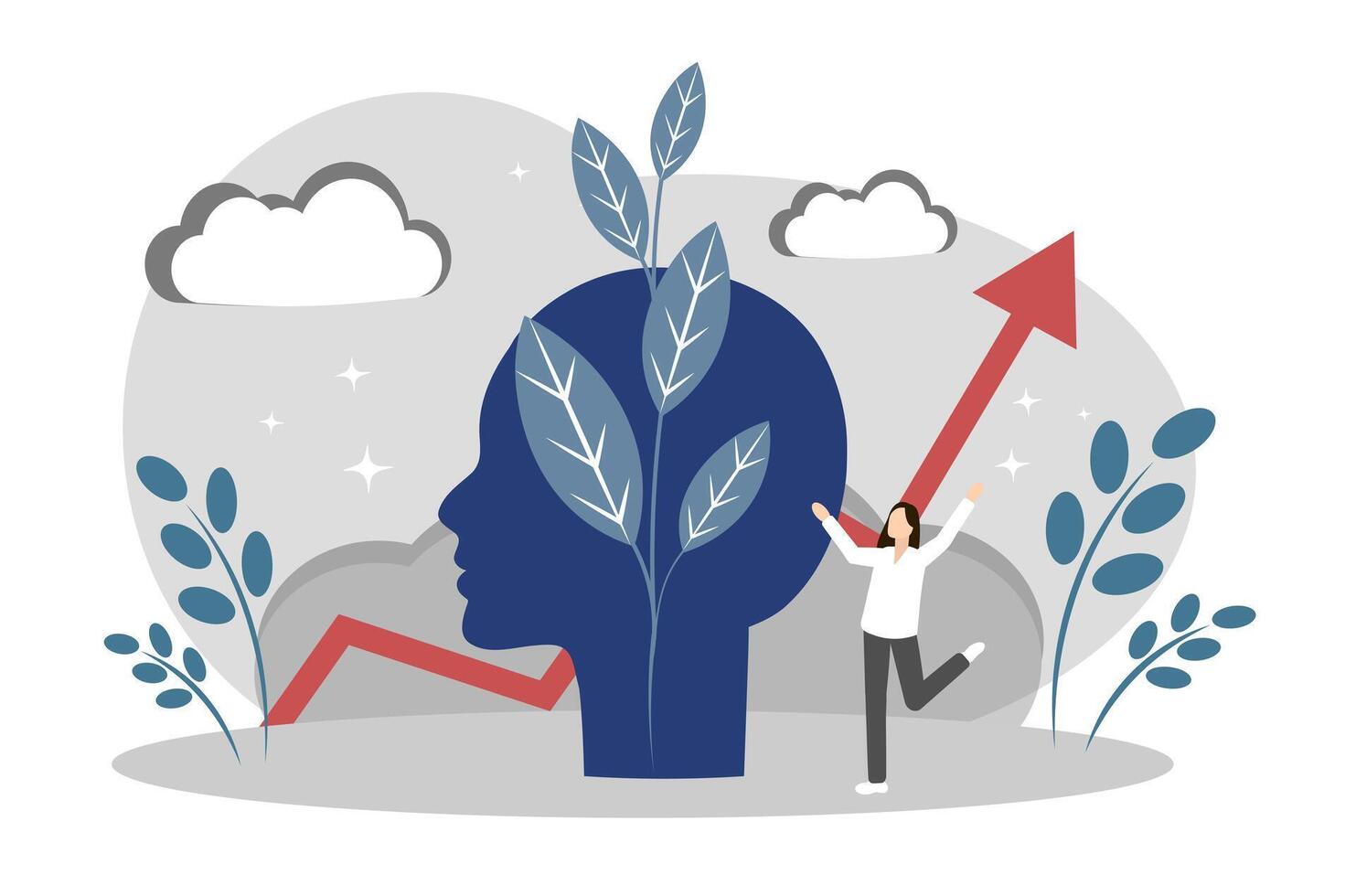 The concept of personal growth, self-improvement and motivation. Head with Plant vector