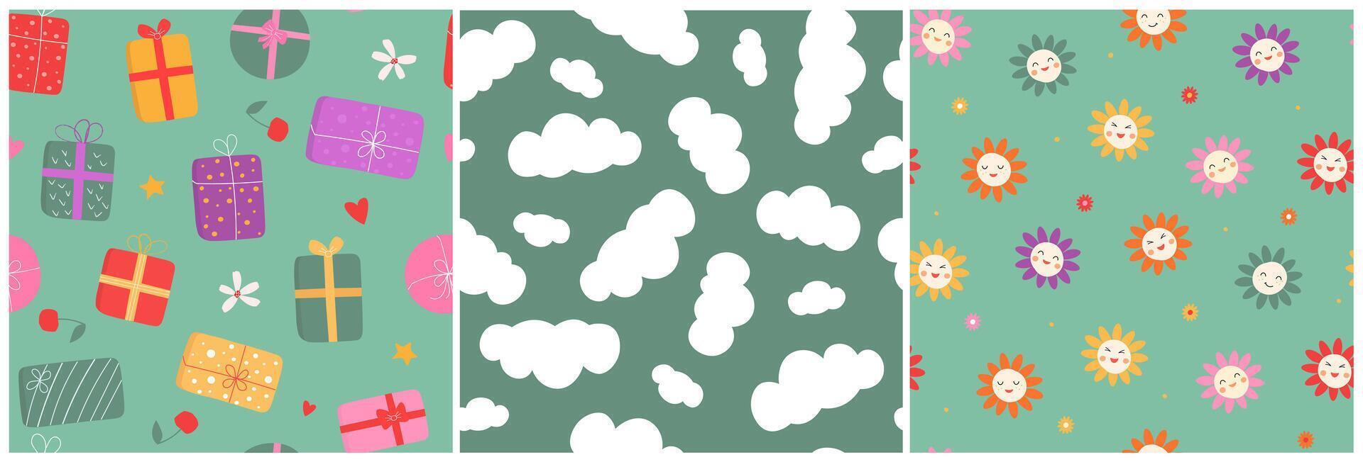 Set of seamless pattern with gifts, flowers, clouds. vector