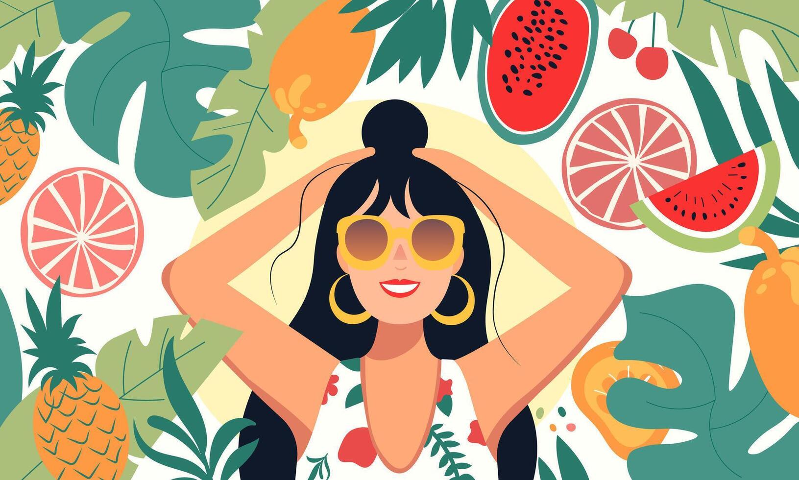 An artistic image of a smiling woman in sunglasses surrounded by various fruits vector