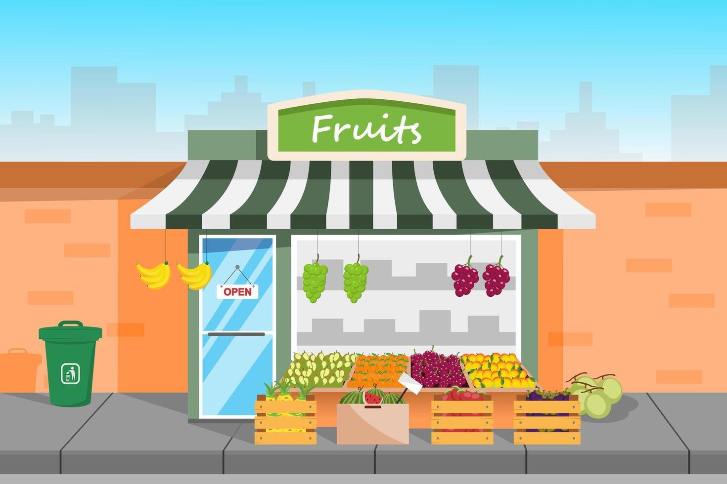 Local fruit store building on pedestrian area vector
