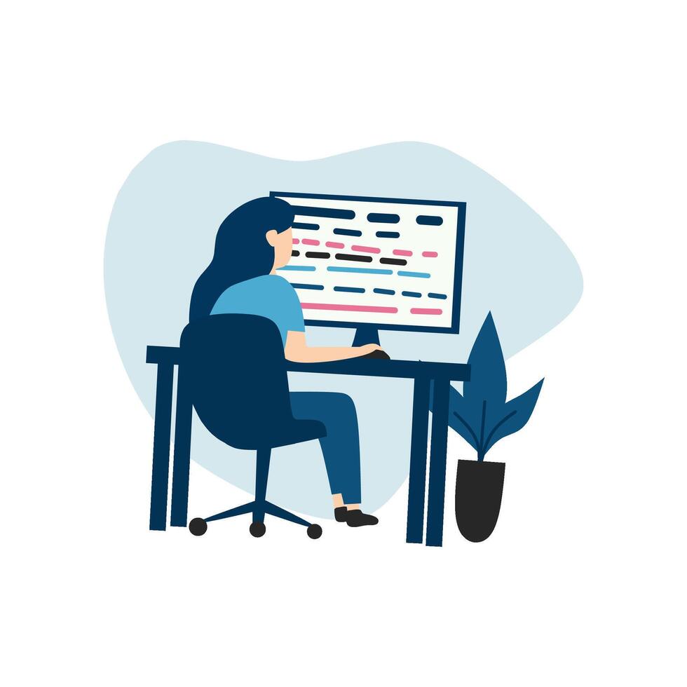 Simple flat illustration featuring a female software developer focused on her screen, ideal for tech and business-related content vector