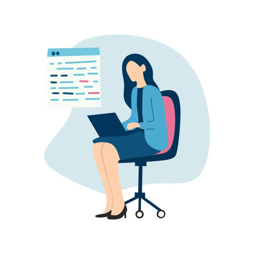 Minimalist flat illustration of a woman coding on a laptop in a professional business setting, representing technology and innovation in the workplace vector