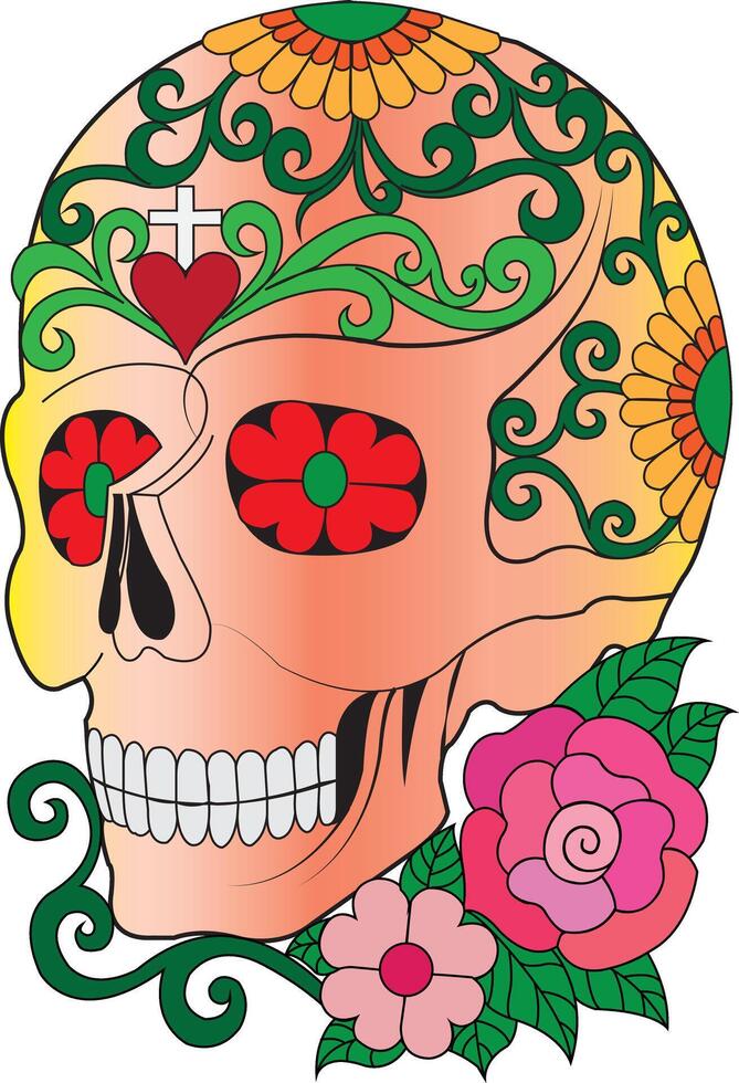 Floral sugar skull with heart and cross design. This vibrant sugar skull illustration features intricate floral patterns, a cross, and a heart at the top. vector